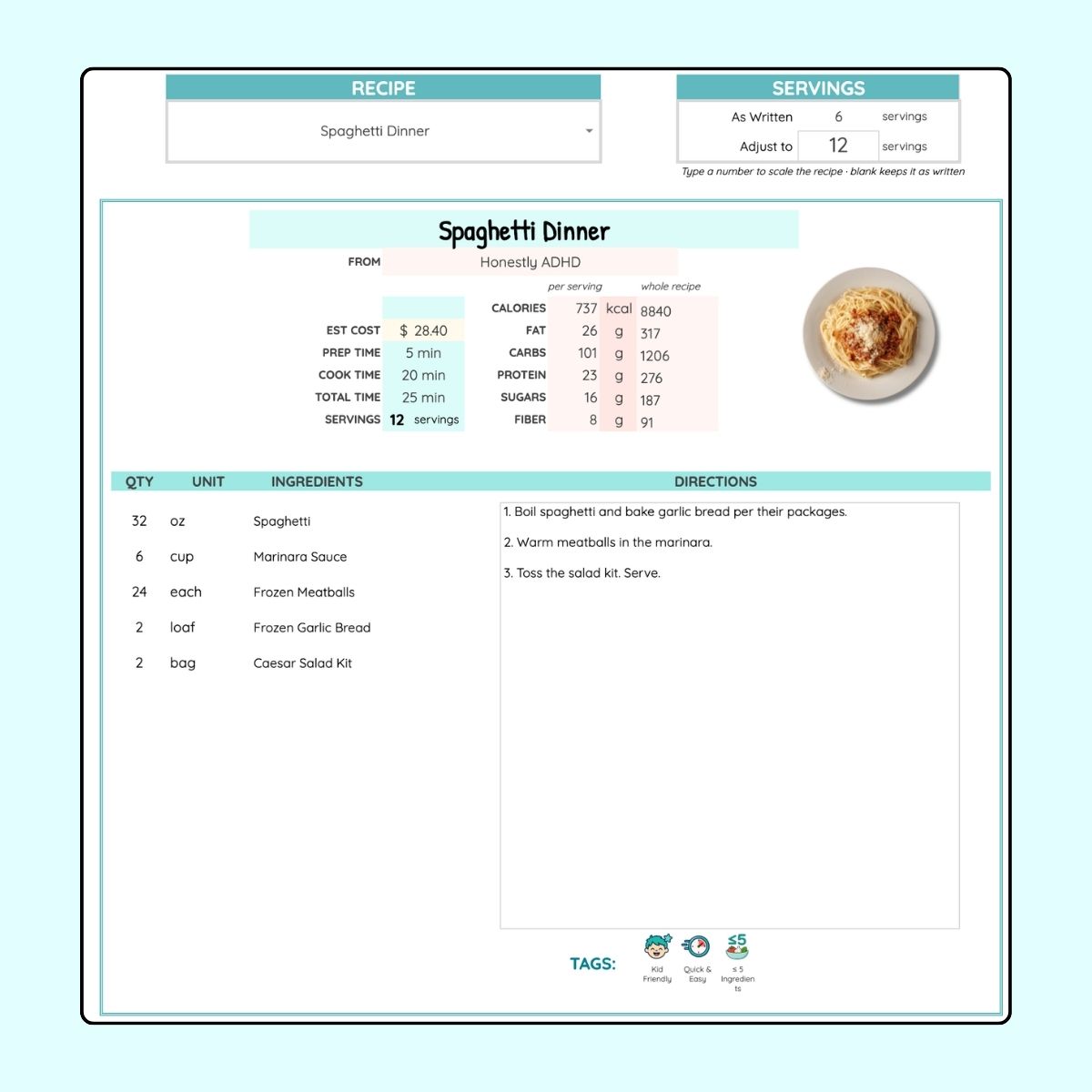 Printable recipe card with adjustable servings, estimated cost, and macros.