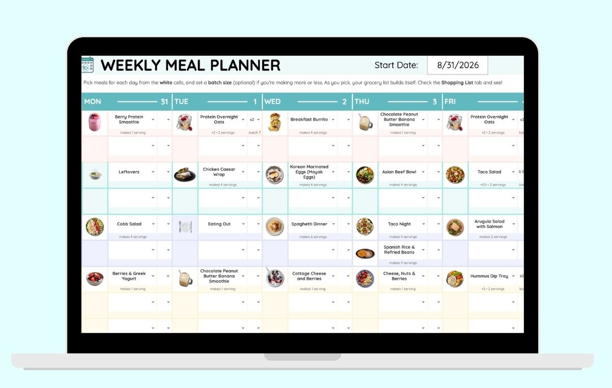 Weekly meal planner with breakfast, lunch, dinner, and snacks picked from saved recipes.