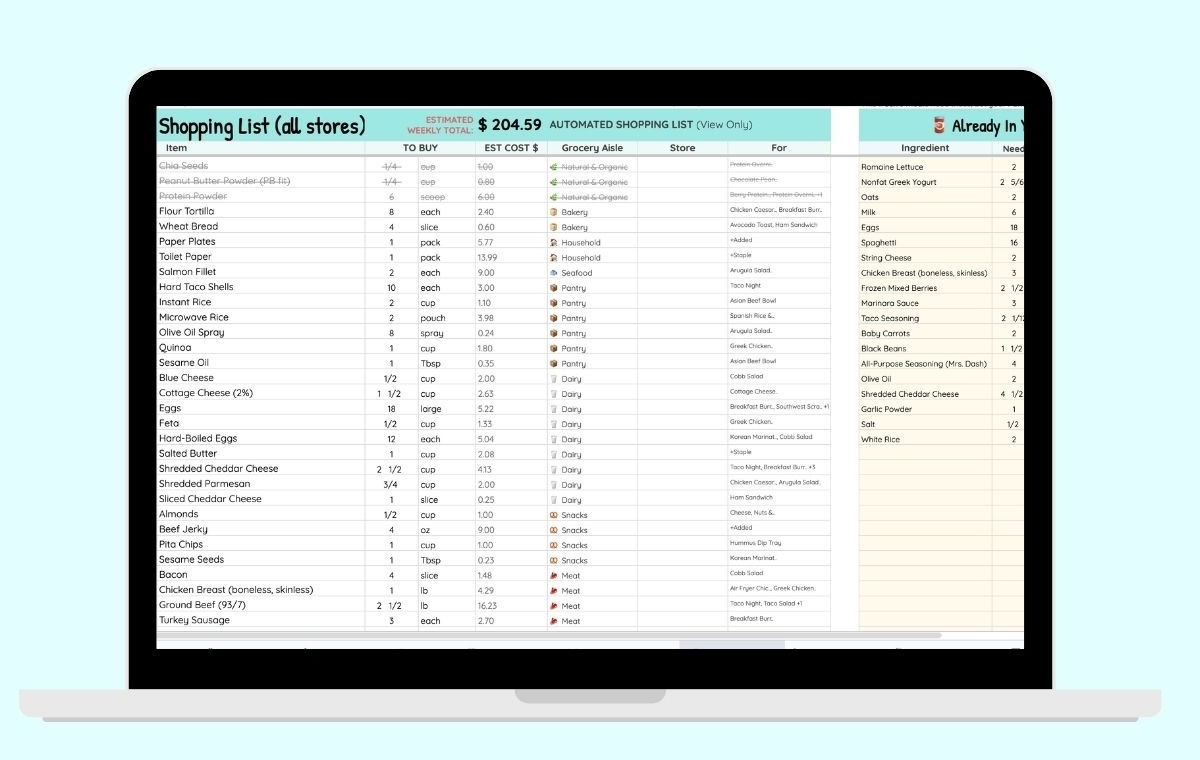 Automatic shopping list sorted by aisle and split by store with estimated total.