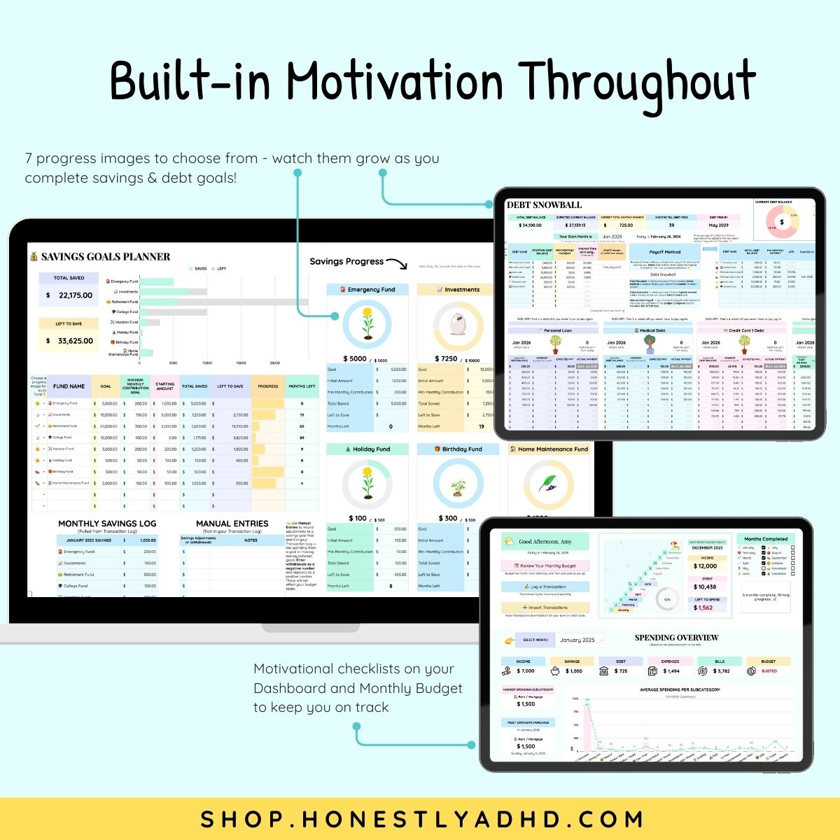 3 example screens of an adhd financial planner spreadsheet with the text "built-in motivation throughout."