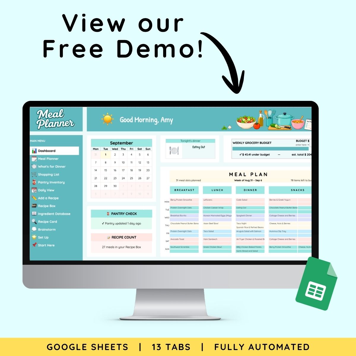 View our free demo: the ADHD Meal Planner Dashboard with a September calendar, tonight's dinner, weekly grocery budget, and the week's meal plan.
