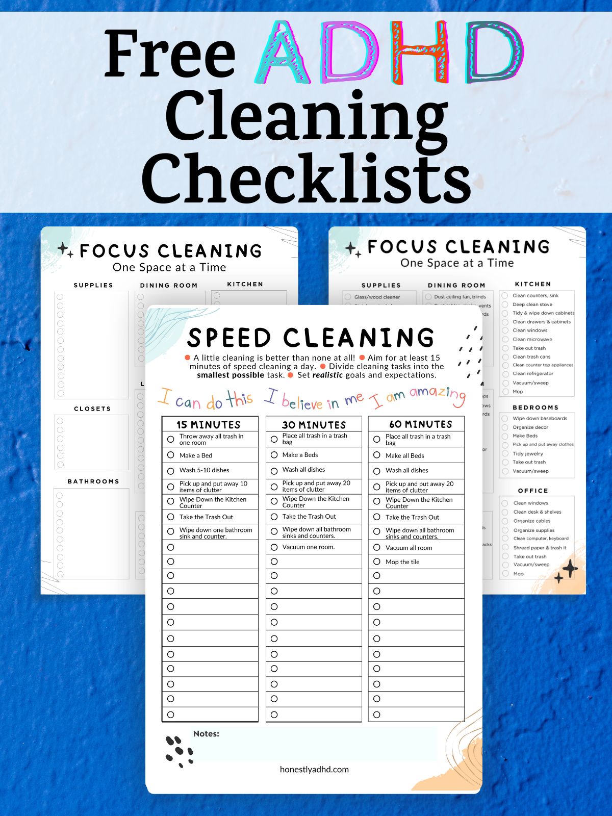 Three free printables with the text "Free ADHD Cleaning Checklists.."
