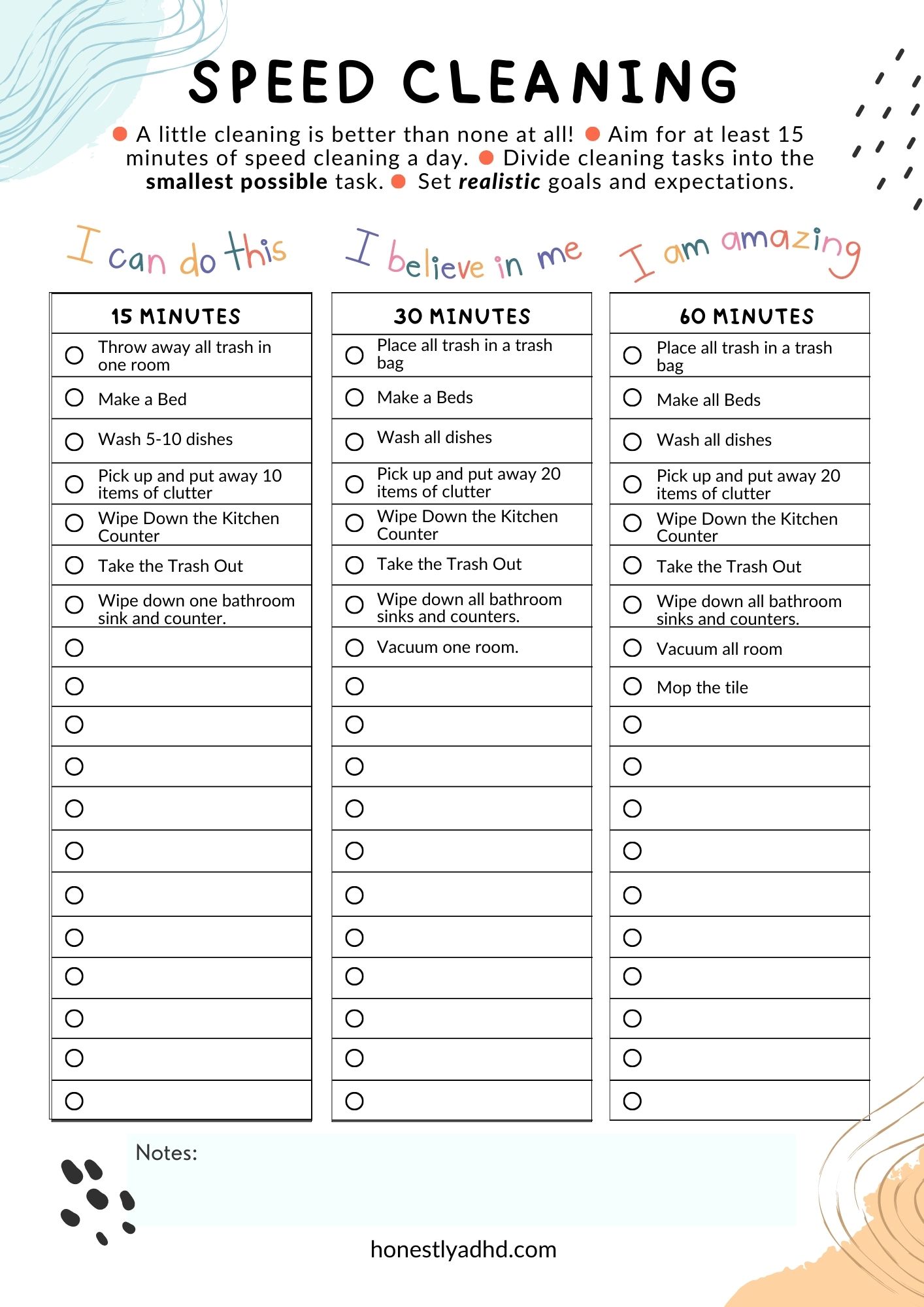 A printable speed cleaning checklist with tasks included.