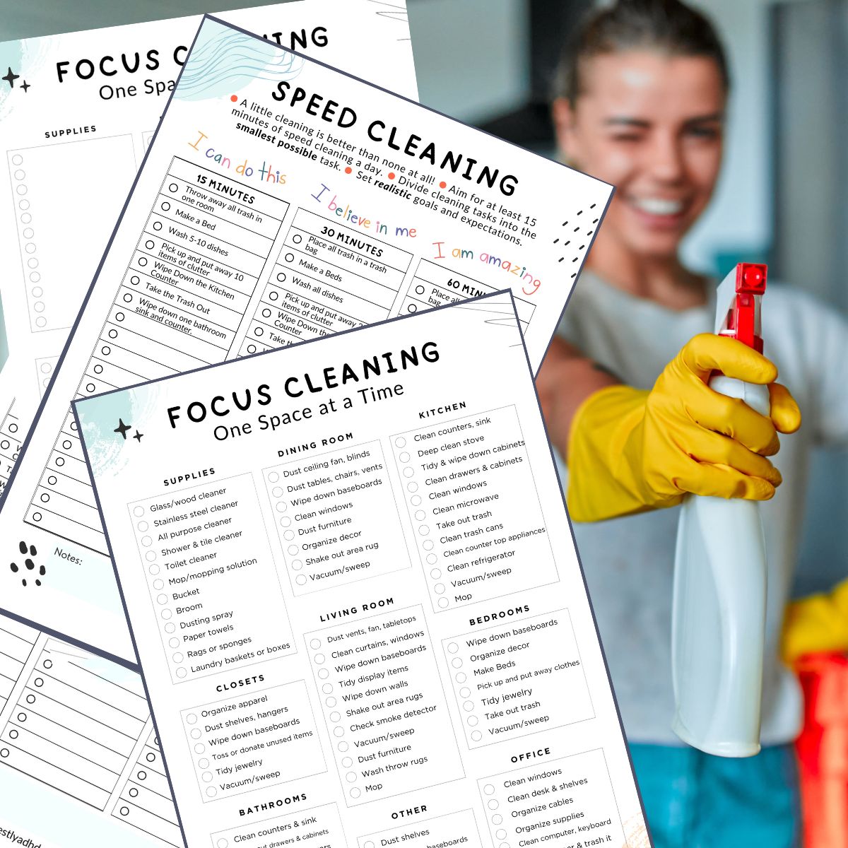 Printable ADHD cleaning checklists. labeled "speed cleaning" and "focus cleaning" and an image of a woman cleaning.