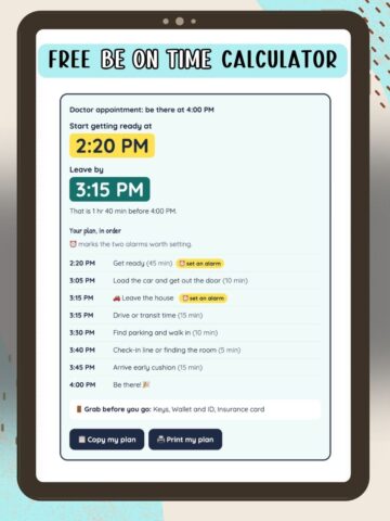 A tablet showing the ADHD tool with the how to be on time calculator