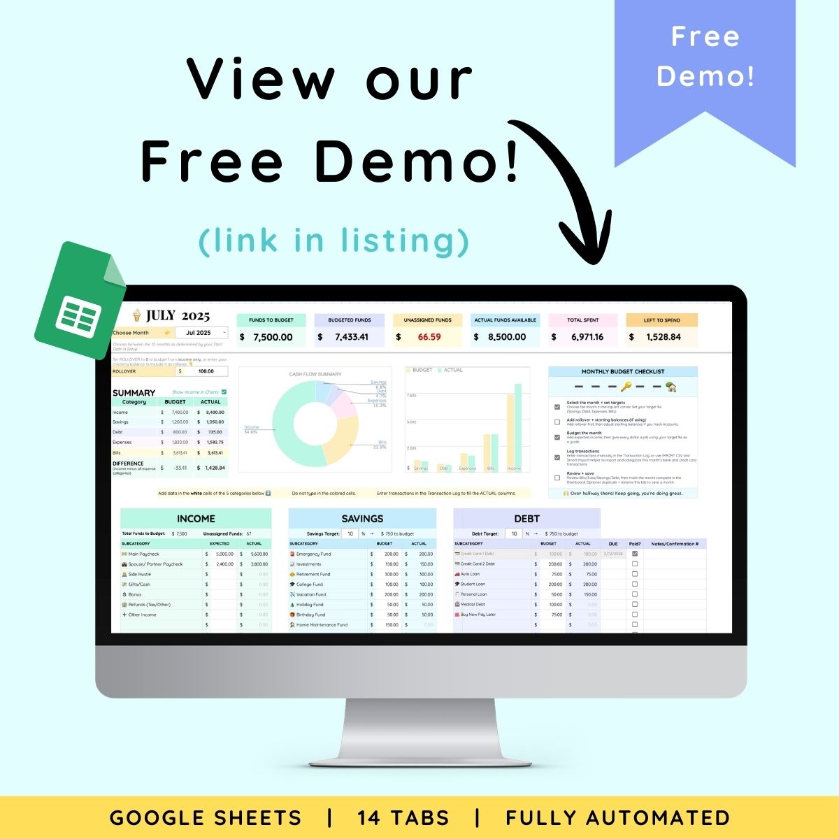 A pastel adhd budget spreadsheet with the text "view our demo."
