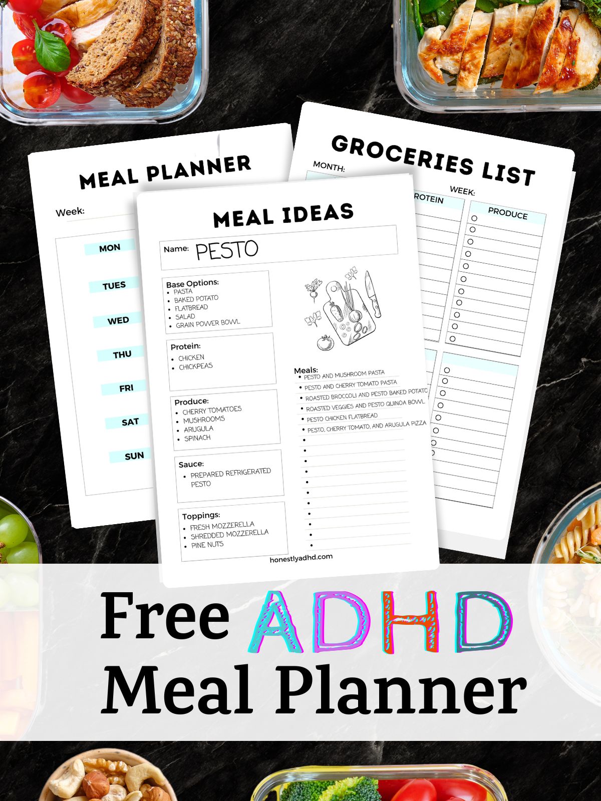3 printable ADHD meal plan pdfs with the text overlay "free ADHD meal planner."
