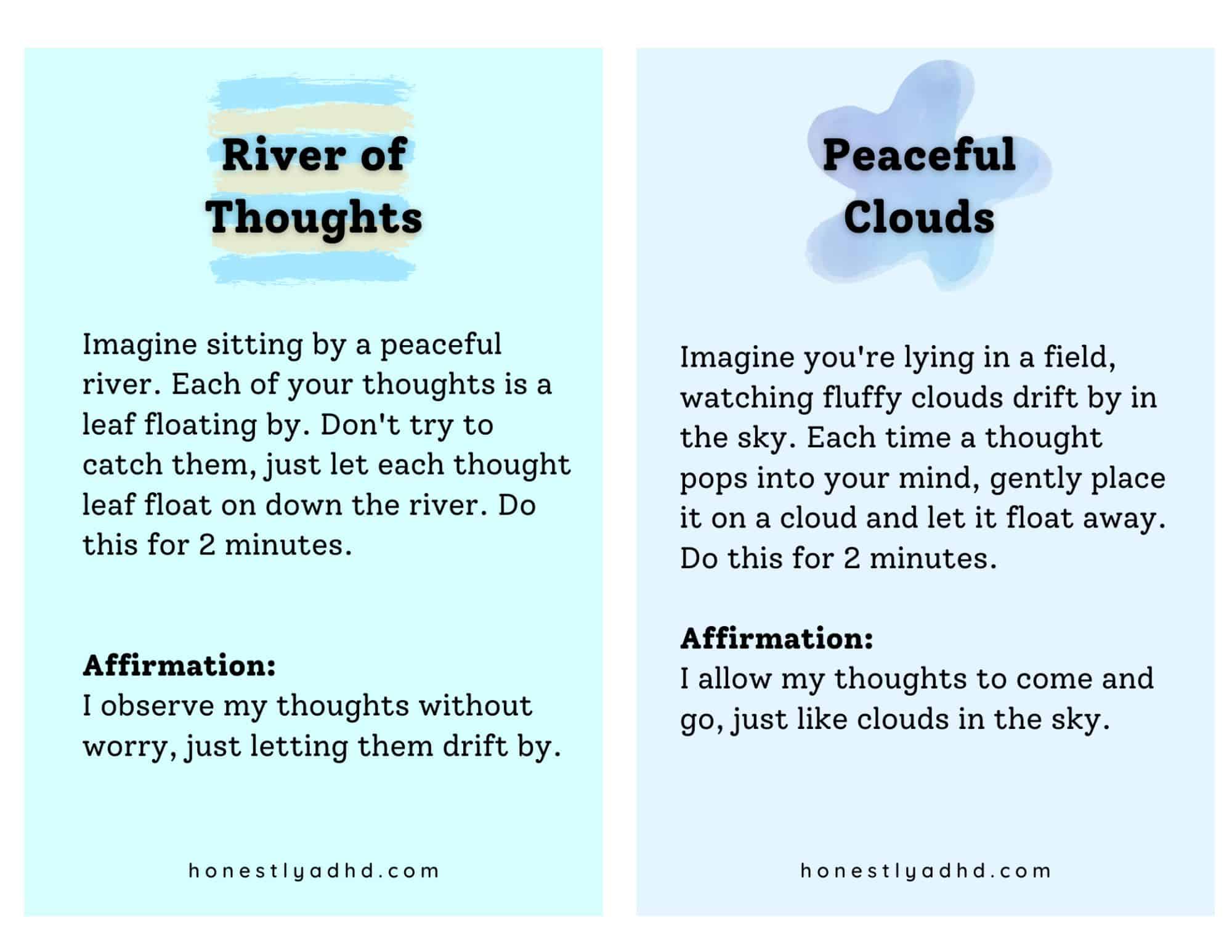 Two meditation exercises for kids, called "river of thoughts" and "peaceful clouds."