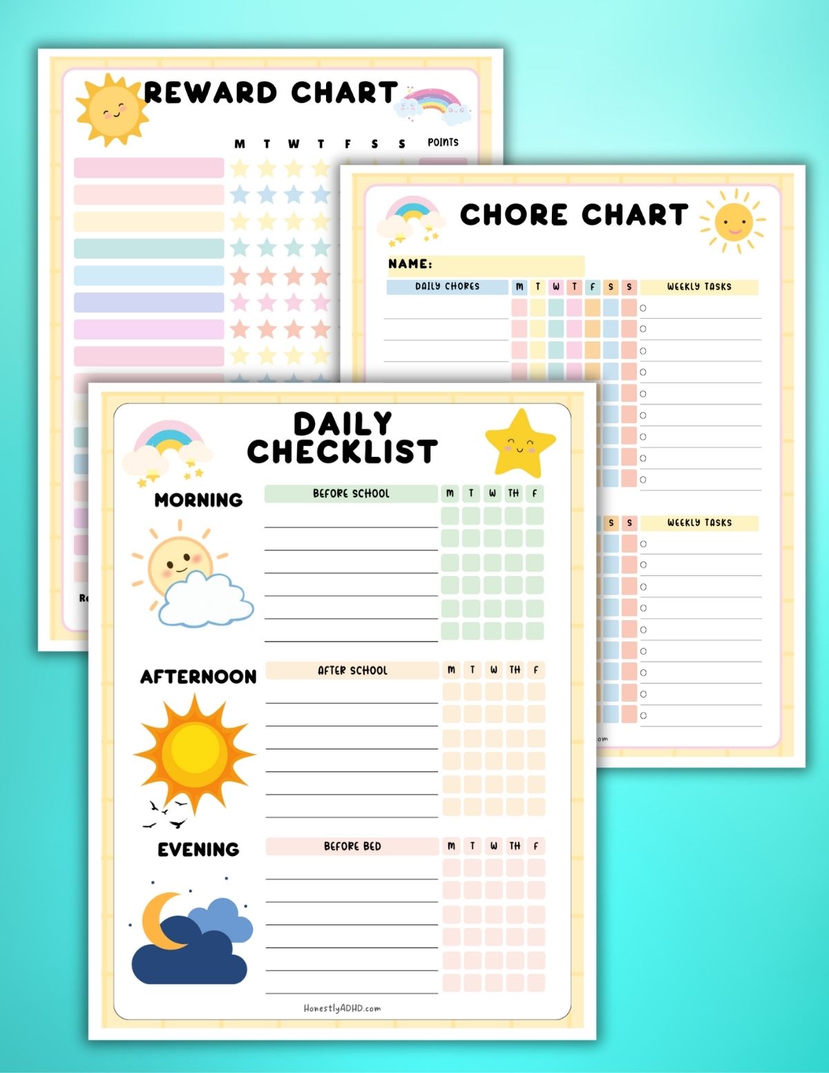 Chore chart bundle for kids including a reward chart with stars, a daily chore chart, and a morning-afternoon-evening checklist designed to support routines.