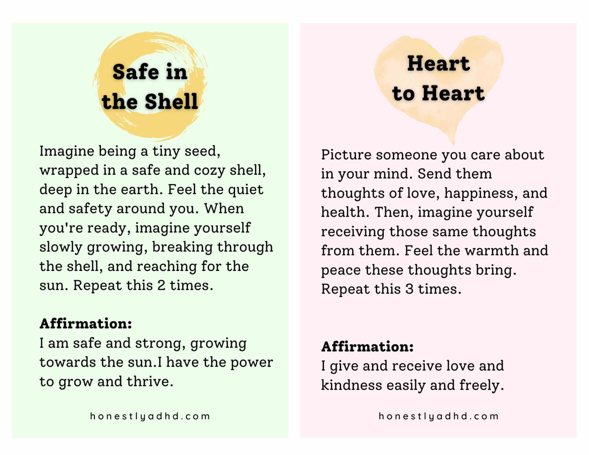 Two meditation cards and instructions for children, titled "safe in the shell" and "heart to heart."