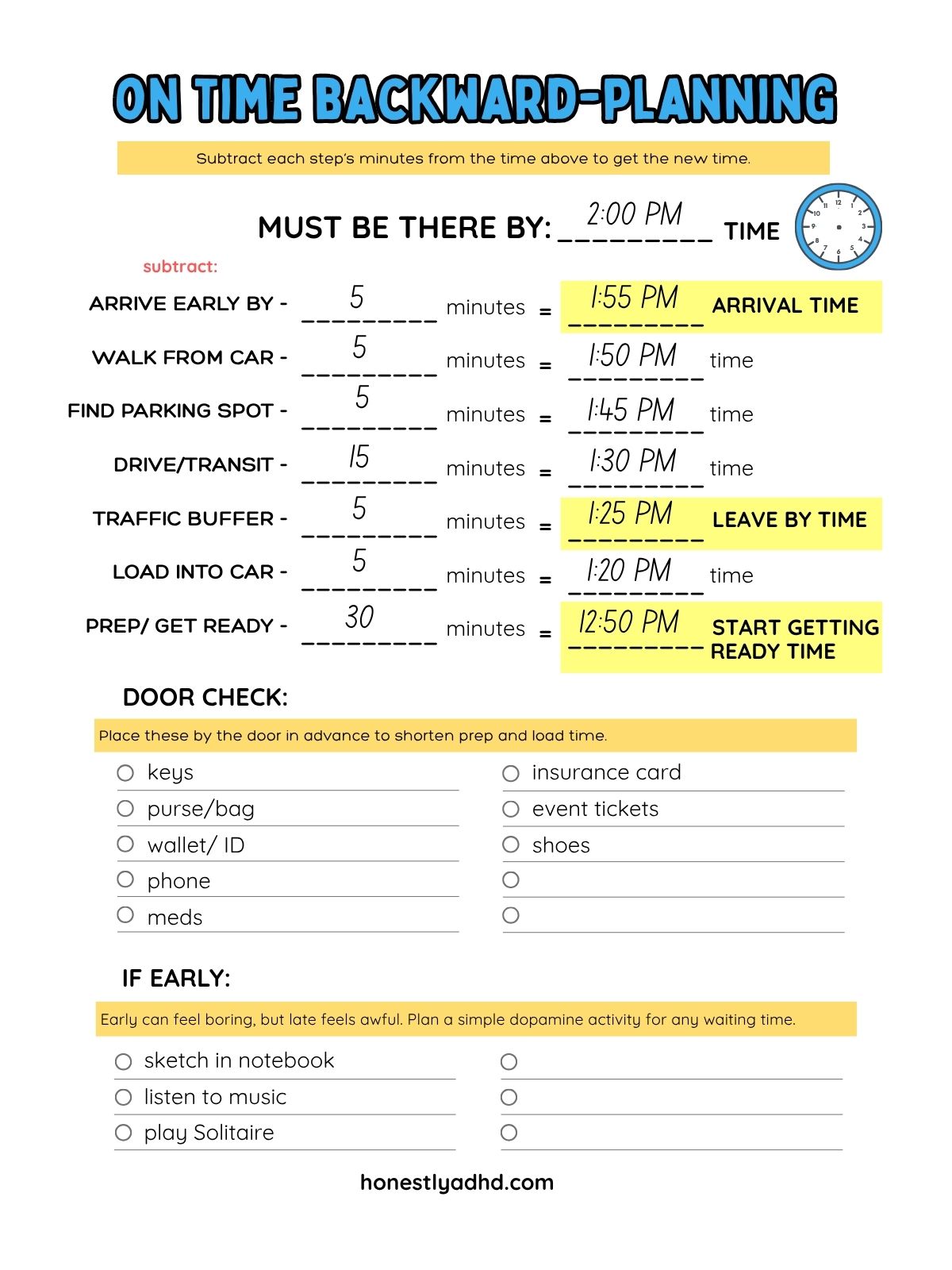 A filled-out example of the How to be On Time worksheet showing a 2:00 PM arrival. Minutes are subtracted for each step, ending with a 12:50 PM start getting ready time. Includes completed Door Check items and example early-arrival activities like sketching, listening to music, or playing Solitaire.