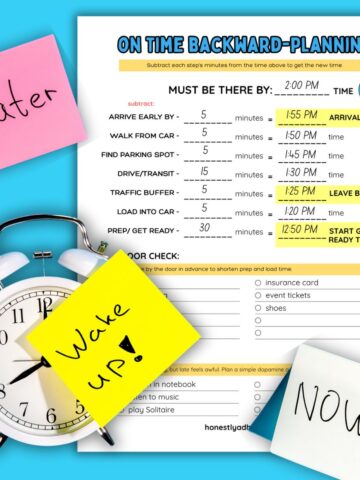 An alarm clock with a post it on it that says "wake up!" and other scattered post-its with a blue background, and a printable worksheet that says On Time Backward-Planning."