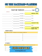 A blank 'On Time Backward-Planning' worksheet for ADHD time management. It has spaces to subtract minutes from each step, blank lines for arrival time, leave time, and start getting ready time. Includes a blank Door Check section and an If Early section for dopamine activities.