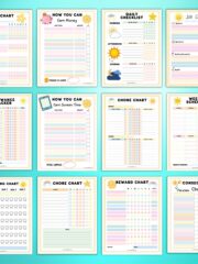 Complete ADHD chore chart printable pack showcasing 12 pages for for kids, including job charts, allowance tracker, screen time rewards, brushing chart, weekly schedule, and consequence chart.