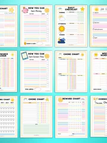 Complete ADHD chore chart printable pack showcasing 12 pages for for kids, including job charts, allowance tracker, screen time rewards, brushing chart, weekly schedule, and consequence chart.