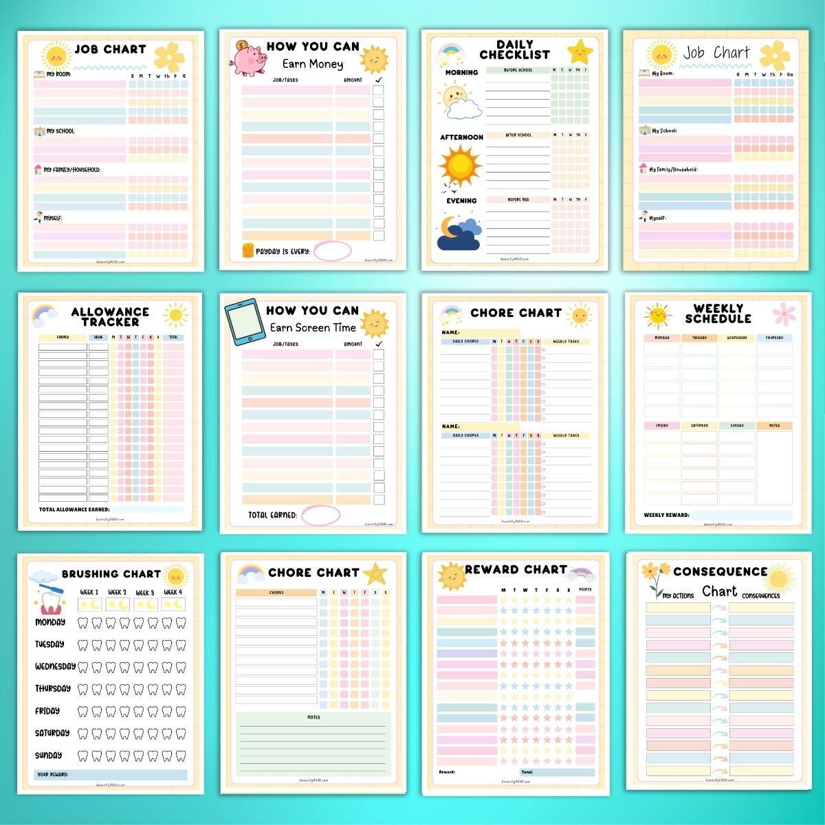 Complete ADHD chore chart printable pack showcasing 12 pages for for kids, including job charts, allowance tracker, screen time rewards, brushing chart, weekly schedule, and consequence chart.