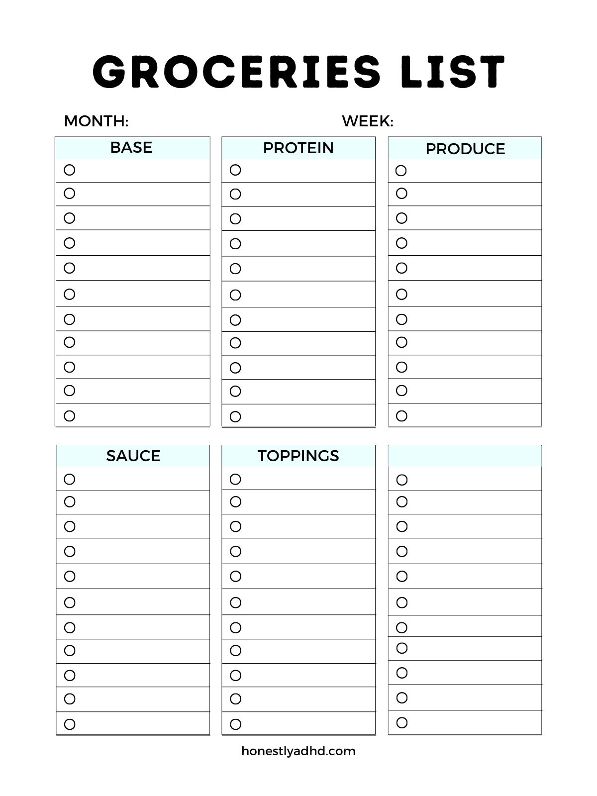 A printable grocery list sheet as part of a printable ADHD meal planner, with food categorized for the ADHD brain.