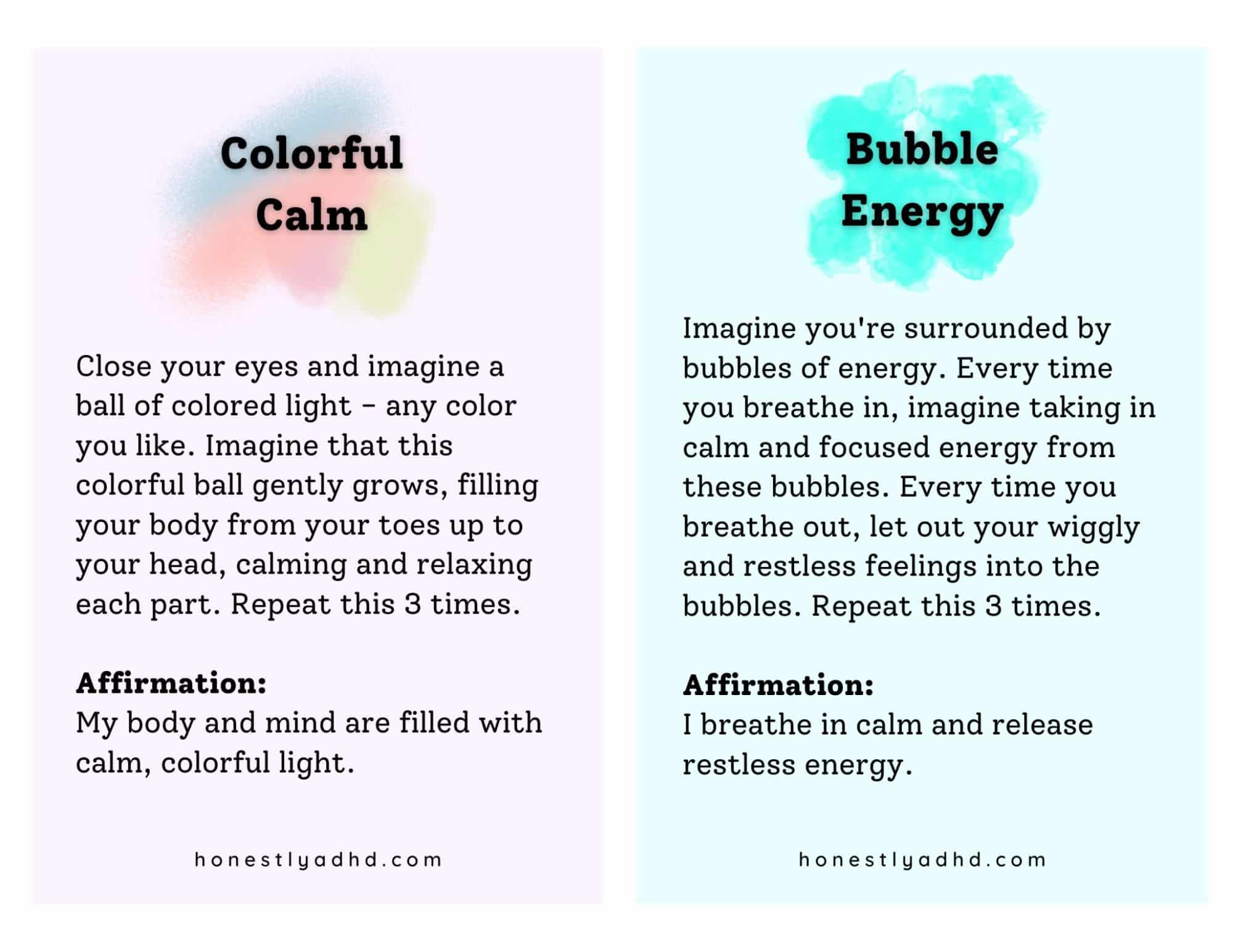 Example Meditation tricks for adhd kids, titled "colorful calm" and "bubble energy."