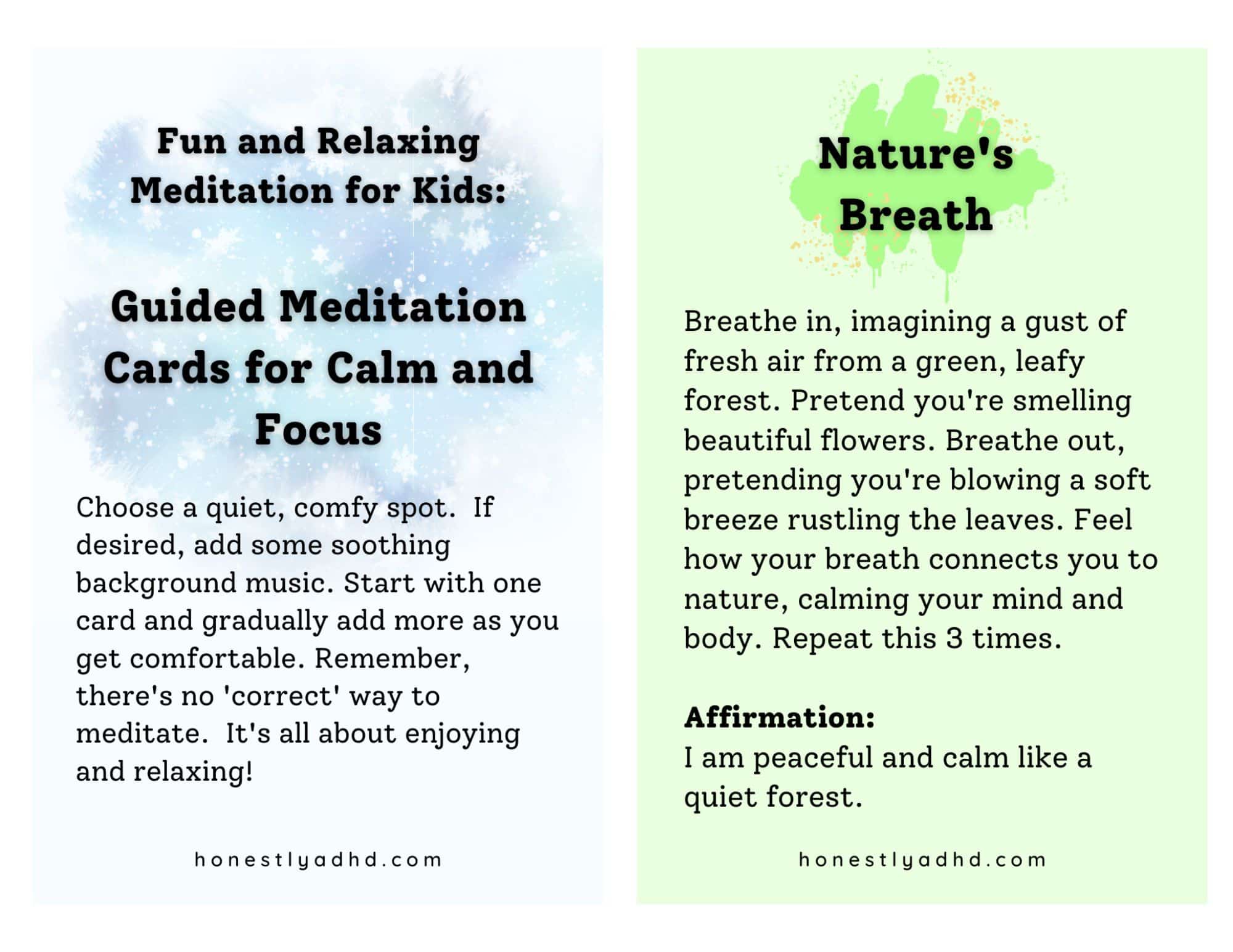 Examples of guided meditation cards for children, including the instructions and a card titled "Nature's Breath."