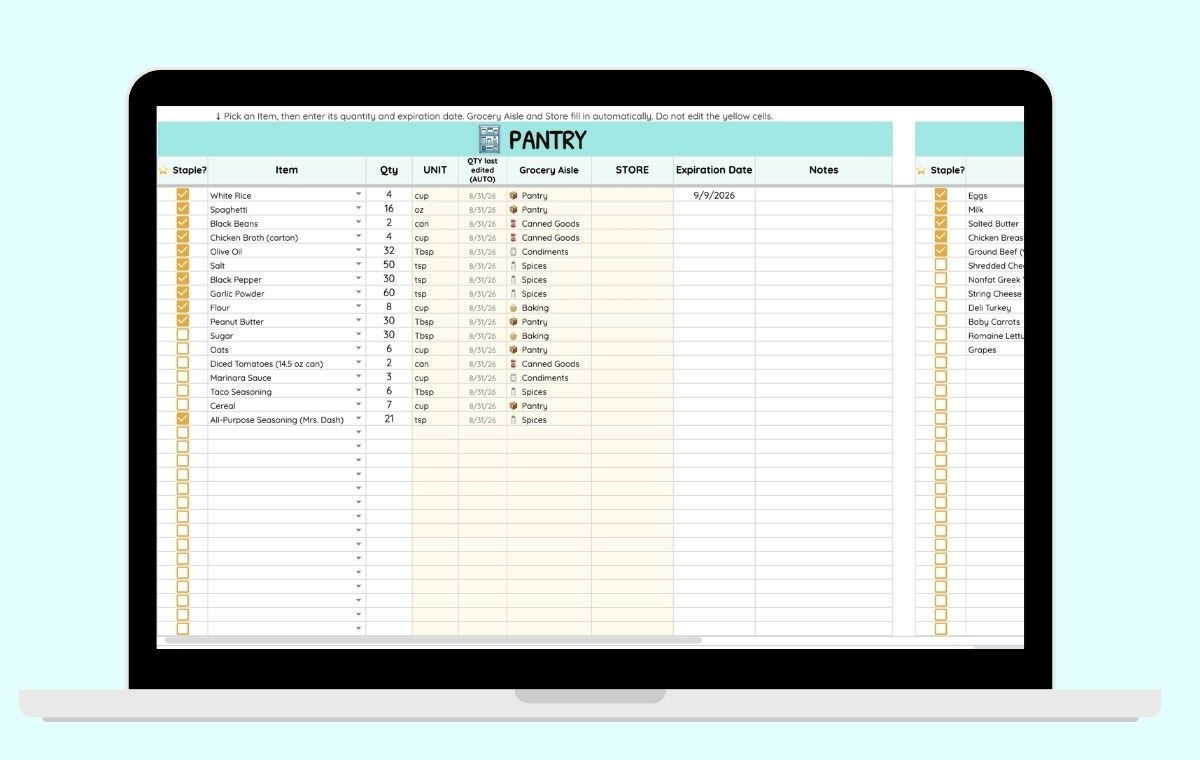 Pantry inventory tab tracking kitchen staples with expiration dates.
