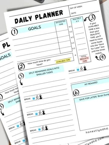 Two ADHD daily planner sheets with the text overlay "free adhd daily planner."