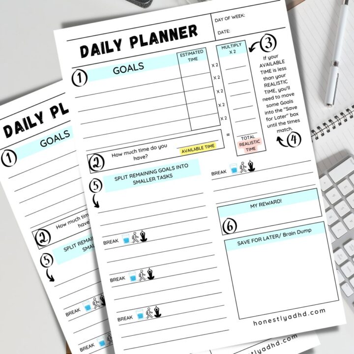 Two ADHD printable daily planner sheets.