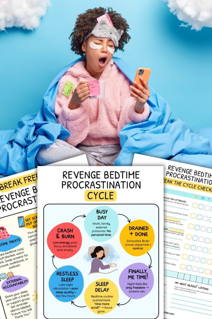 A tired person in pajamas yawns while holding a phone and a coffee mug. In front of them are three ADHD printable resources about revenge bedtime procrastination: a colorful infographic with tips to break free from bedtime procrastination, a cycle diagram showing how busy days lead to delayed sleep and exhaustion, and a printable checklist to show how to stop revenge sleep procrastination and build healthier bedtime habits.