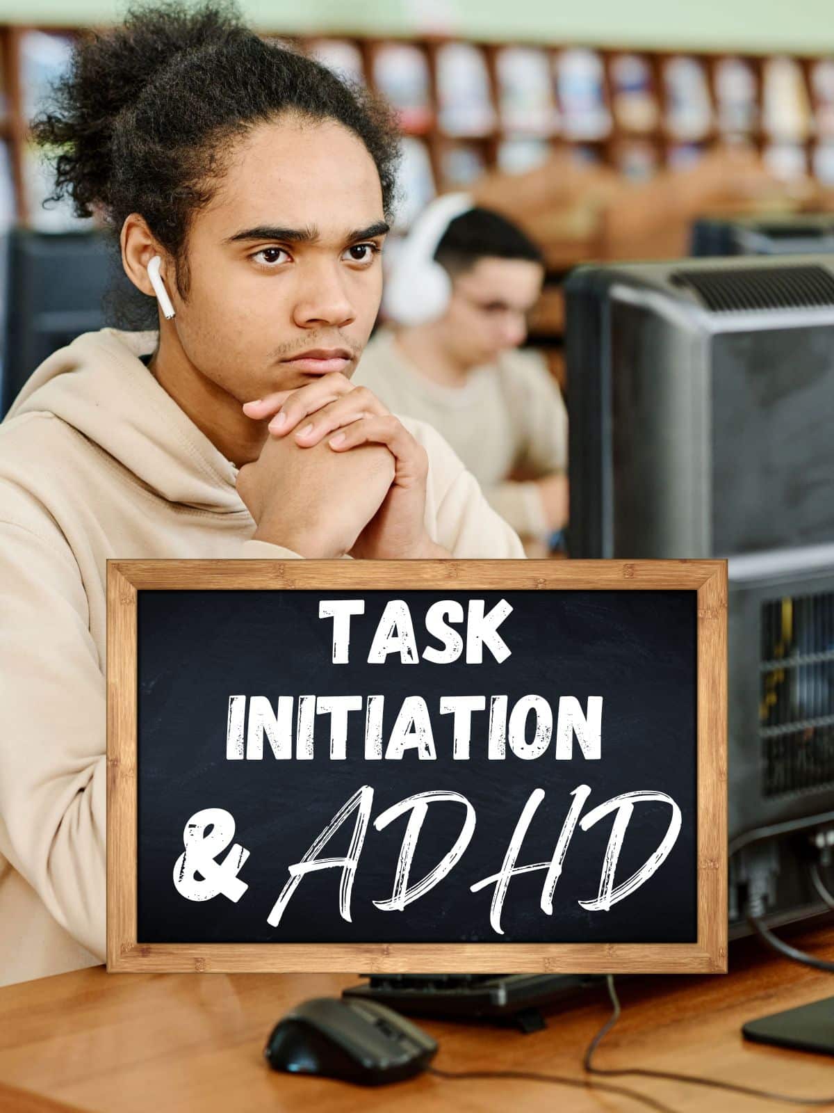 A teenager procrastinating with the text "Task Initiation and ADHD."