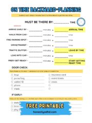 A prompted 'How to Be On Time with Backward-Planning' worksheet with labeled steps: arrive early, walk from car, find parking spot, drive or transit, traffic buffer, load into car, and prep or get ready. Includes a Door Check checklist with items like keys, wallet, phone, and meds, plus an If Early section with simple activity ideas.