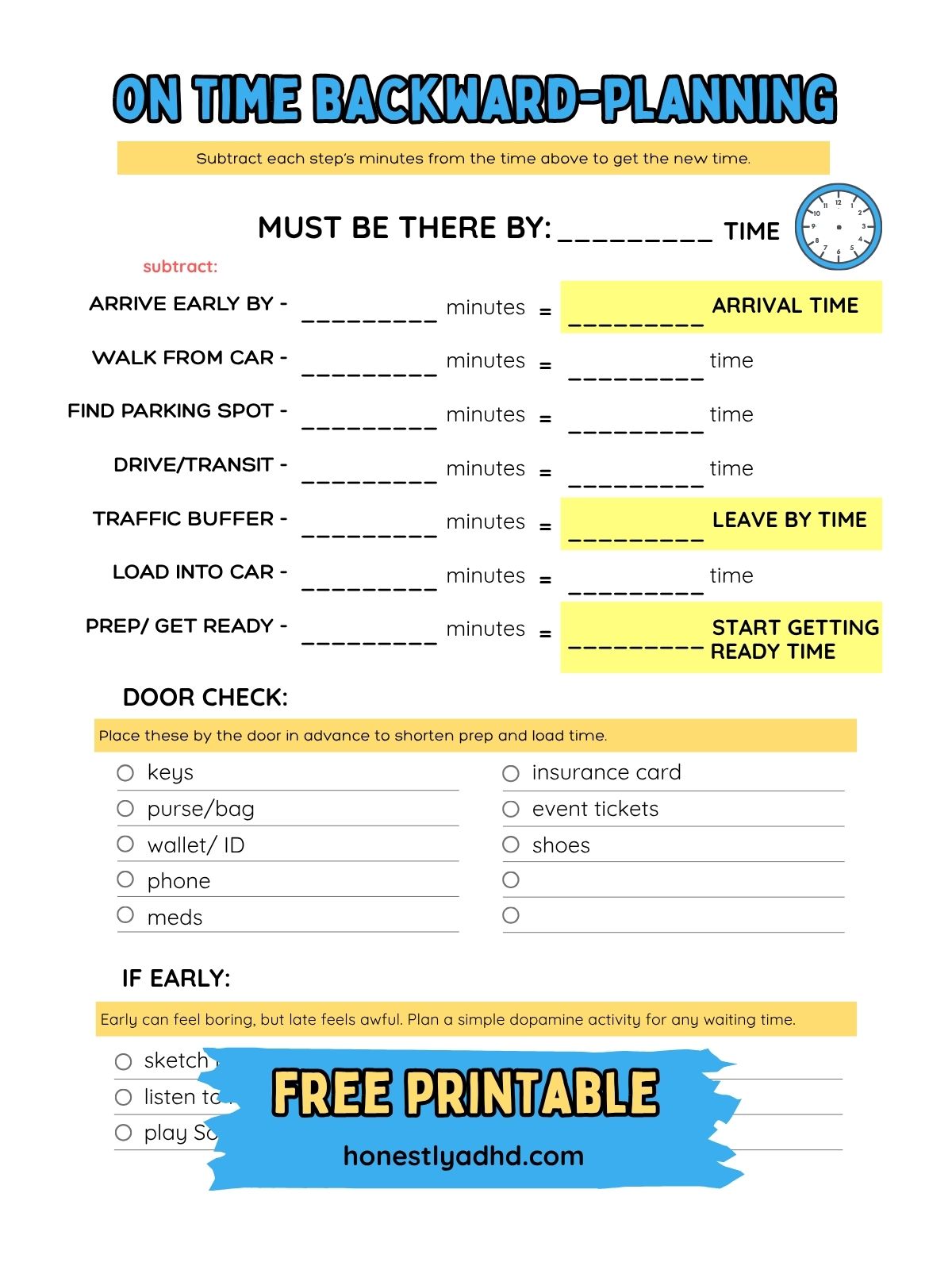 A prompted ‘How to Be On Time with Backward-Planning’ worksheet with labeled steps: arrive early, walk from car, find parking spot, drive or transit, traffic buffer, load into car, and prep or get ready. Includes a Door Check checklist with items like keys, wallet, phone, and meds, plus an If Early section with simple activity ideas.