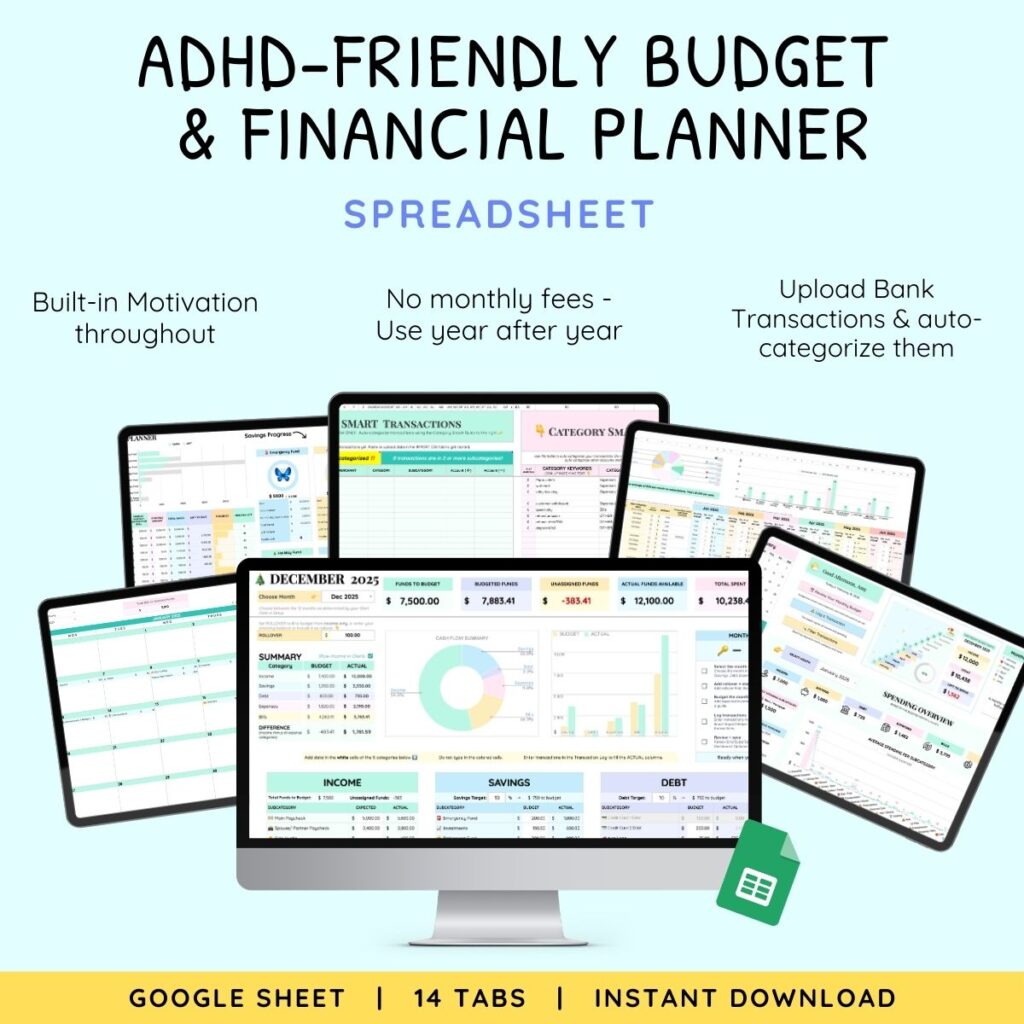 Promotional product image for the ADHD-Friendly Budget & Financial Planner Spreadsheet by Honestly ADHD on a light blue background. The title appears in large bold black text at the top. Three feature callouts read: "Built-in Motivation throughout," "No monthly fees - Use year after year," and "Upload Bank Transactions & auto-categorize them." Five screens display different tabs of the Google Sheets spreadsheet including a monthly budget, Smart Transactions tab, Category Smart Rules tab, Savings Goals planner with butterfly progress tracker, and a colorful financial dashboard. A Google Sheets icon appears in the foreground. A yellow banner along the bottom reads: Google Sheet | 13 Tabs | Instant Download.