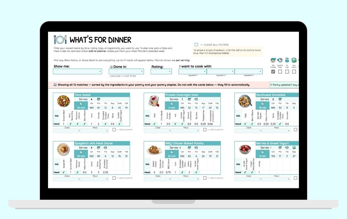 What's for Dinner tab filtering saved meals by time, rating, and ingredients on hand.